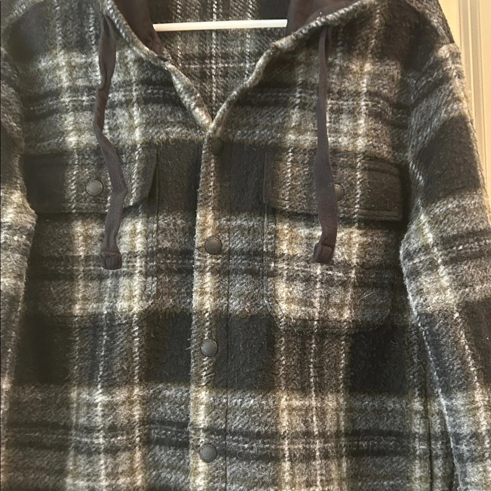 Banana Republic Plaid Hooded snap Jacket poly wool blend front pockets size S
